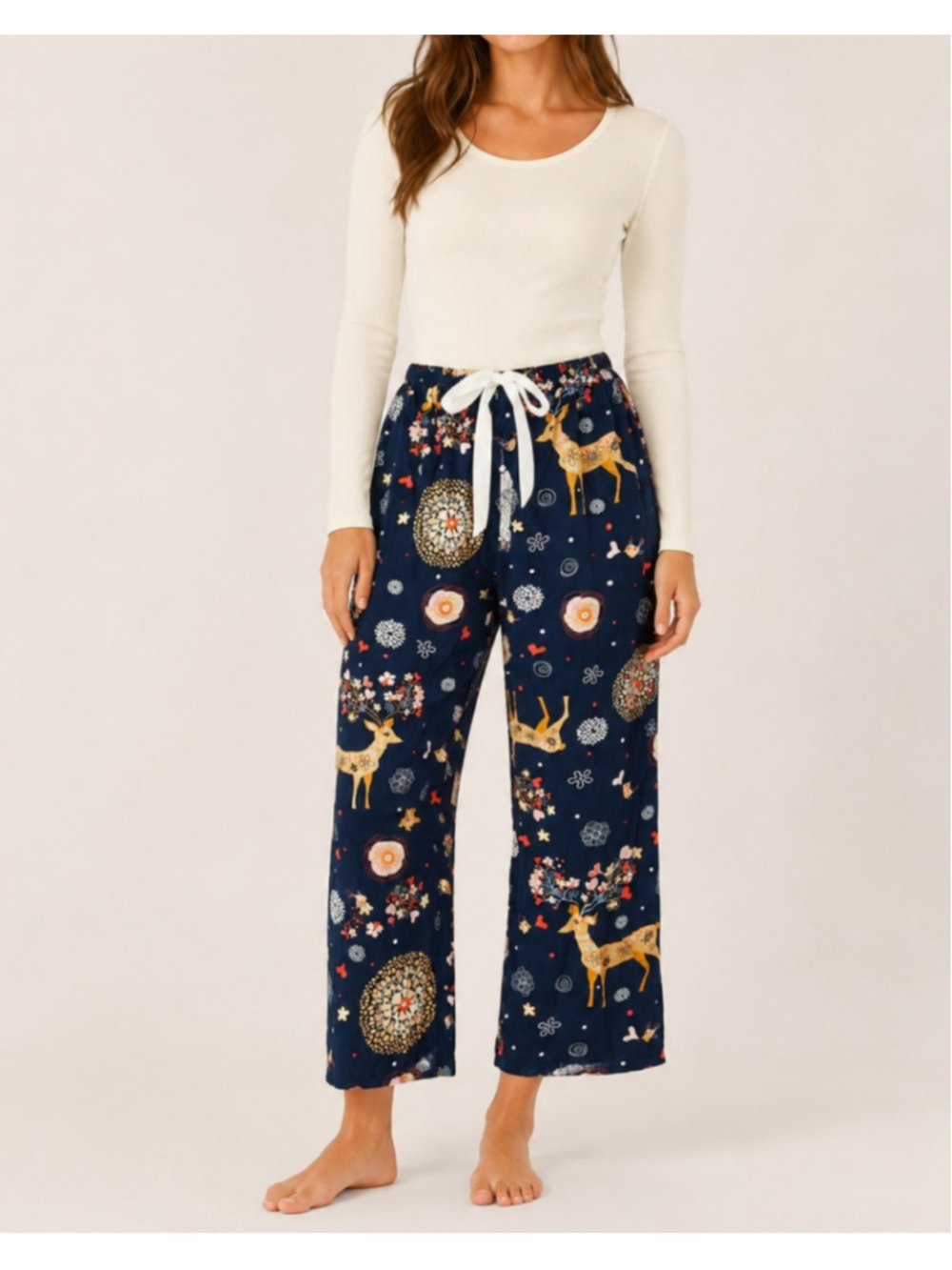 Navy Blue Deer Print Wide Leg Lounge Pajama Pants one size
